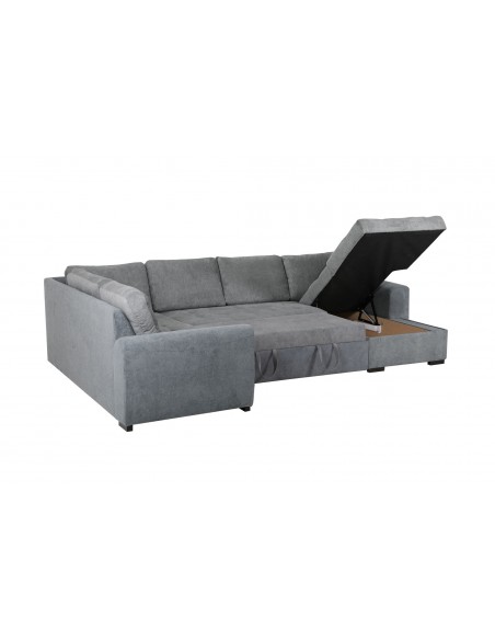 MAXWELL - Salon d’angle U convertible avec méridienne coffre DROIT tissu gris 