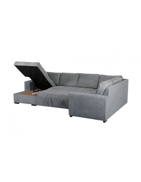 MAXWELL - Salon d’angle U convertible avec méridienne coffre GAUCHE tissu gris 
